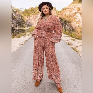 Plus Size Printed V-Neck Tie Front Balloon Sleeve Jumpsuit